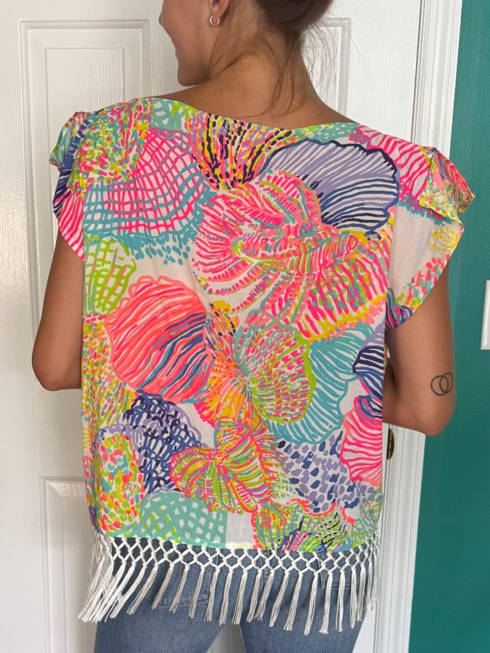 Lilly Pulitzer Jasmine Top Multi Print Fringe Trim